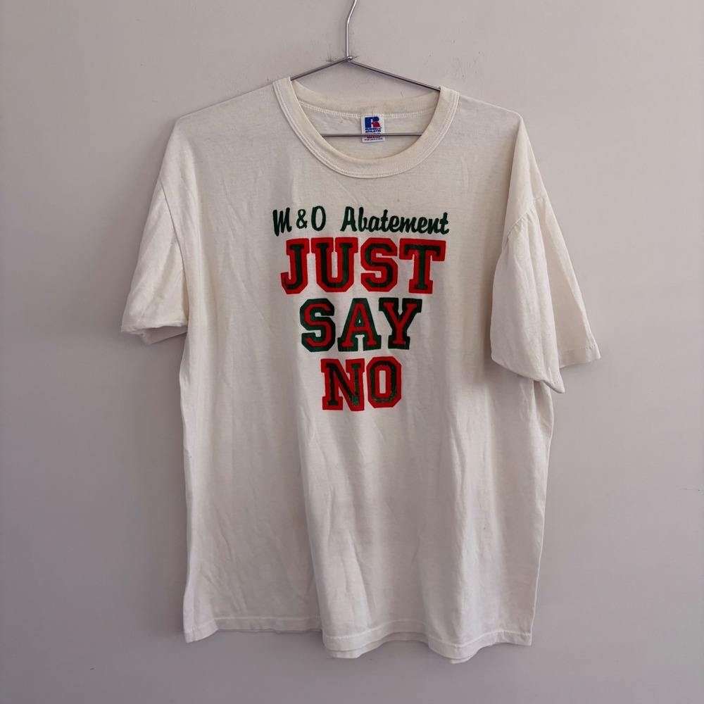 Vintage Russell Athletic Just Say No T Shirt Mens XL White M&O Abatement